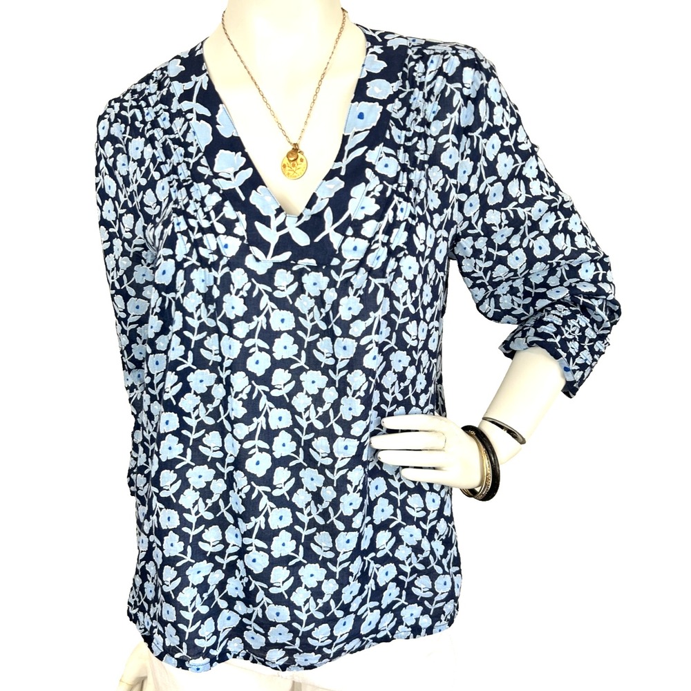Vineyard Vines Rock Rose Floral V Neck Blouse Block Print Trim Top S Preppy Boho - Picture 2 of 8